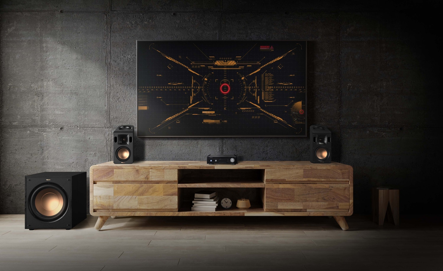 AI 301 DA X in livingroom below tv between speakers in dark room