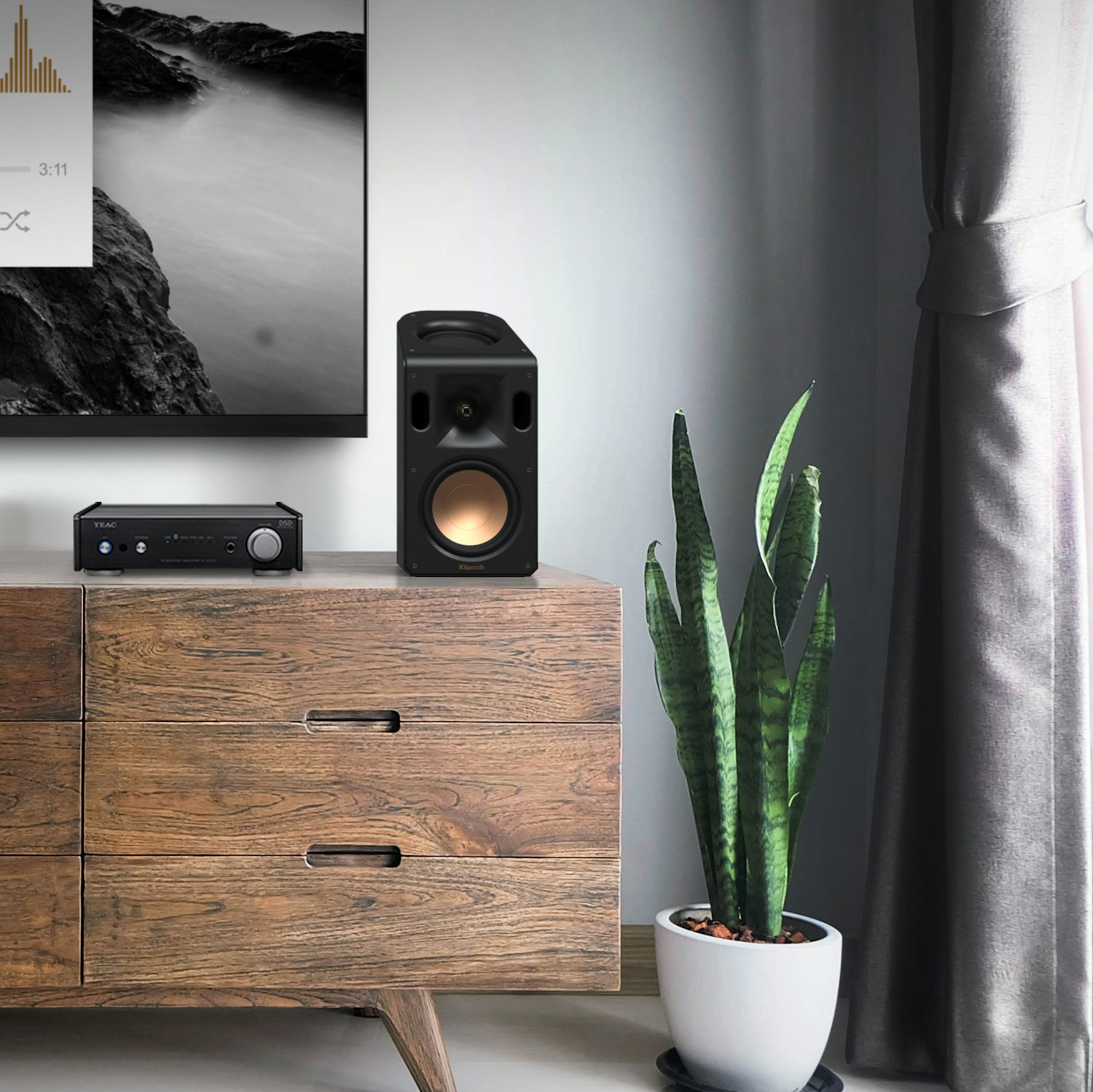 AI 301 DA X on credenza next to klipsch speaker